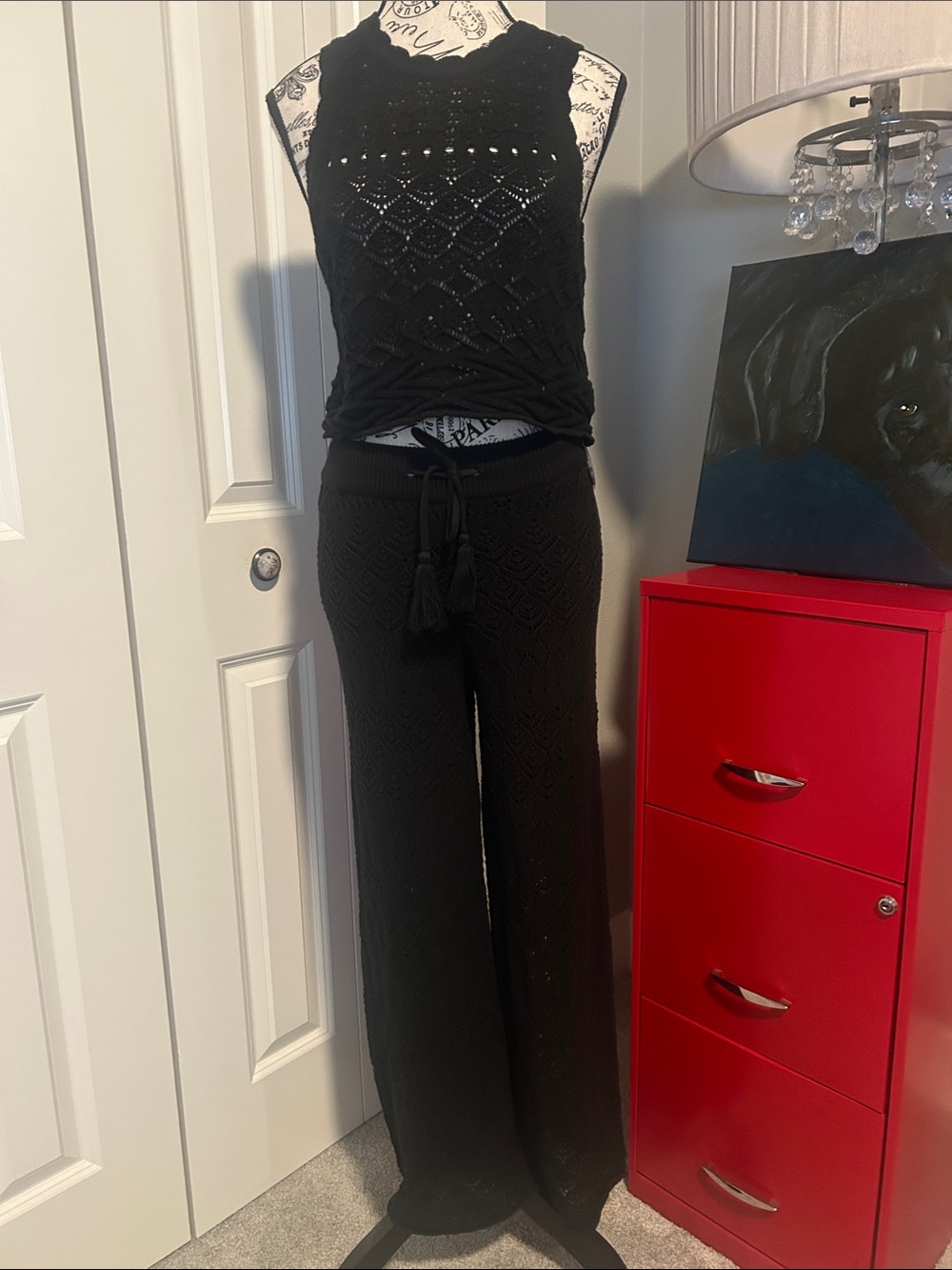 NWT Black Crochet Sleeveless Top and Wide-Leg Knit Pants Set